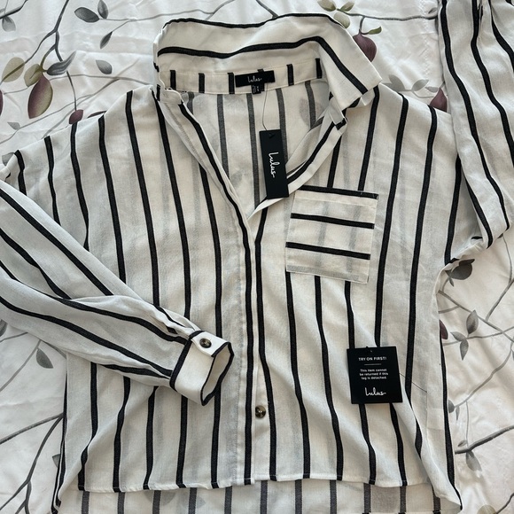 Lulus Amelia Dawn Off-white Striped Long Sleeve Button-up Top - Size XS - Picture 2 of 3